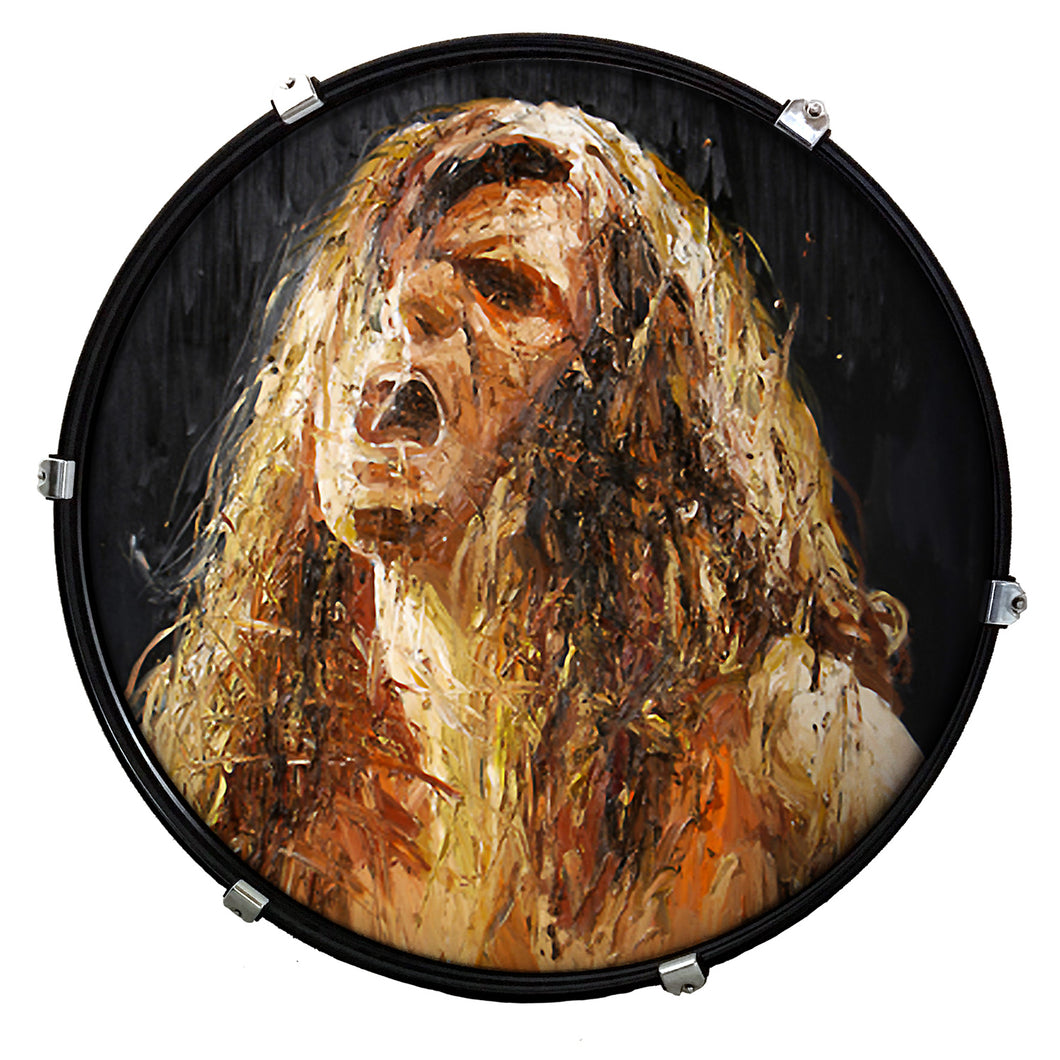 Mille Petrozza von Kreator gemalt von Oliver Jordan als Kunstdruck auf Schlagzeugfelle
