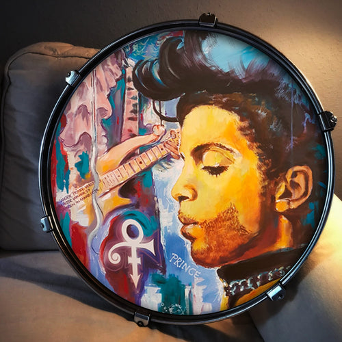 Porträt von Prince gemalt von Frank Zander als Kunstdruck auf Schlagzeugfelle
